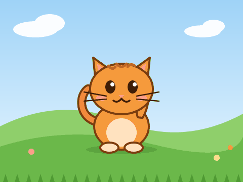 Animated GIF of a cartoon cat waving on a grassy hillside under a blue sky.